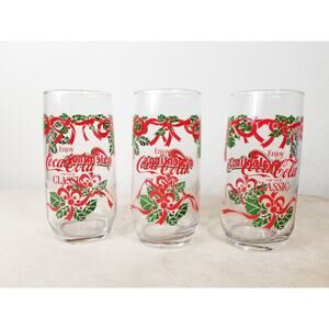 Coca Cola Classic Christmas Drinking Glass 16oz Valentino's Pizza 7" Vintage x3